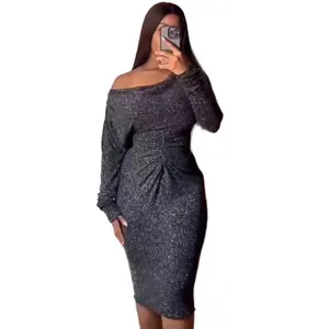 M6023 Casual Solid Fold O Neck Long Sleeve Midi Dresses Anti-Wrinkle Cut-Out Decoration for Summer and Spring