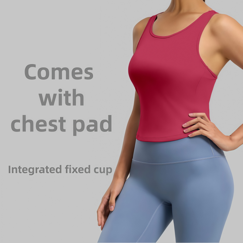 Peach Yoga Vest-One-piece Fixed Round Neck Tight-fitting Anti-exposure Quick Dry Spandex/Polyester Non-slip Sports Vest