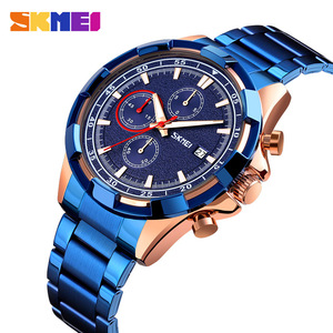 Skmei Chronograph Quartz Watch Blue Steel Strap Men's Sports Watch With Luminous Hands And Calendar Feature - Product Image 1