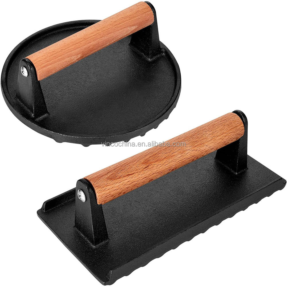Burger Press Cast Iron Smash Bacon Press Round Rectangle Cast Iron Grill  Press With Wooden Handle for Blackstone Griddle