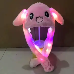 Pasen Cadeau Led Gloeiende Konijn Bewegende Springoren Pluche Schattige Roze Lange Konijnenoren Drakenhoed Pet Voor Vrouwen Meisjes Cosplay Party