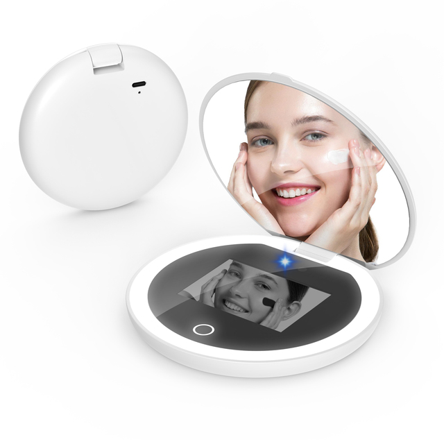 High Tech Mini Pocket Makeup Mirror with Led Light Round Handheld Mirror Cosmetic UV Camera Makeup Mirror with UV Light Strip