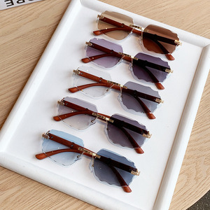 <b>Frameless</b> Color Changing Sunglasses Metal <b>Frame</b> Wood Grain Temples UV400 Unisex Street Style - Product Image 1