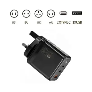 Pengisi daya Laptop 65w GaN, colokan UK dengan UKCA QC3.0 PD3.0 pengisi daya super cepat 65w adaptor pengisian untuk Notebook Laptop Tablet MacBook