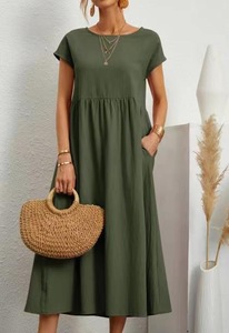 Abito lungo da donna a tinta unita con scollo rotondo, stile europeo e americano, a maniche corte, vita alta, con tasche laterali, casual estivo - Product Image 2