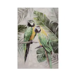 鹦鹉画手绘油画艺术两只鹦鹉在枝条上茁壮成长的绿叶墙油画艺术