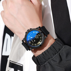 Montre ronde pour hommes, <span class=keywords><strong>grand</strong></span> cadran, chiffres arabes, montre-bracelet à Quartz, bracelet en alliage et Silicone, cadeau de Sport pour étudiants - Product Image 2