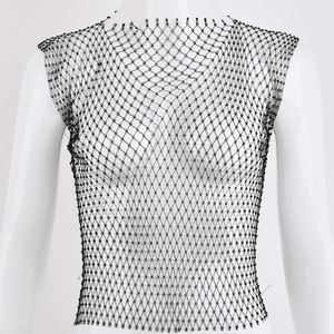 Top de malla transparente estilo europeo-americano para verano, cuello redondo, sin mangas, con pedrería, para discoteca, citas y fiestas. - Product Image 5