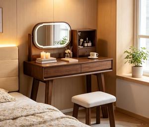 Premium Walnut Dressing <b>Table</b> Set Adjustable Oval LED <b>Mirror</b> Side Open Storage Cabinet Makeup <b>Vanity</b> With Stool - Product Image 2