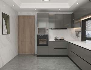 Armoires de cuisine modernes en forme de L de couleur grise SANTOPOVA avec éclairage LED et rangement intégré - Product Image 2