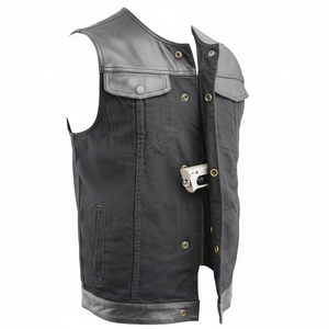 Gilet en toile tricotée en denim pour homme, taille moyenne, garniture en cuir, fermeture à pression dissimulée avec fermeture éclair cachée, 2 poches pour armes à feu pour vêtements d'extérieur - Product Image 1