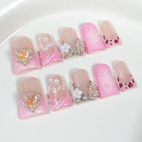 Faux ongles à presser européens et américains, motif bec de canard, style Sweet Girl Heart, transparents effet glace, imprimé léopard blush, style français, prêts à poser, pré-conçus