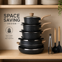 Ensemble de casseroles en granit antiadhésif de haute qualité, 17 pièces, couvercles en verre, fond plat en acier inoxydable, design moderne et luxueux, vente chaude