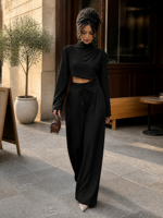 Ensemble deux pièces pour femmes Joydressing, haut court à col haut ivoire, pantalon large à nouer à la taille, vente en gros