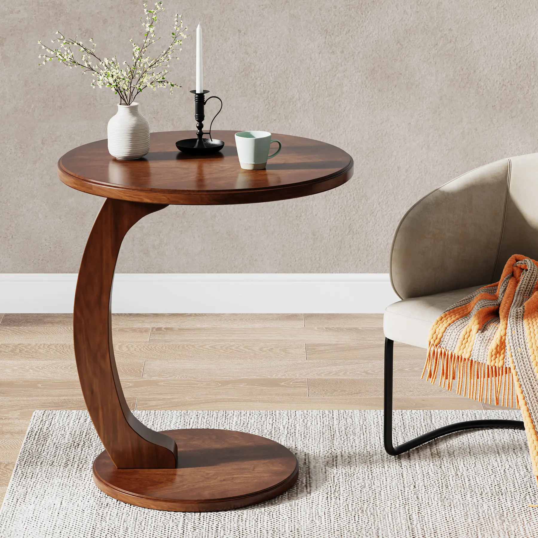 Tribesigns โต๊ะทำจากไม้จริงรูปตัวซีทำจากไม้จีนกลางศตวรรษโต๊ะข้างเตียงเฟอร์นิเจอร์ห้องนั่งเล่น