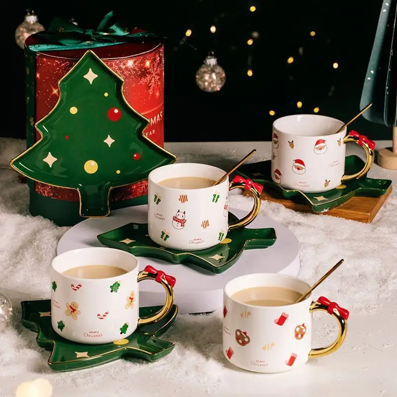 300mlクリスマスツリーギフトかわいいサンタクロースコーヒーマグリアルゴールドハンドルセラミックウォーターティーカップキッズガールフレンドギフトボックスセット