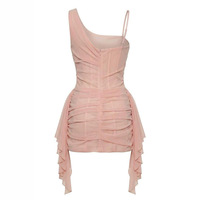 Robe courte asymétrique rose en mousseline de soie pour femme, froncée et fluide, idéale pour les vacances et les soirées – Nouvelle collection très prisée