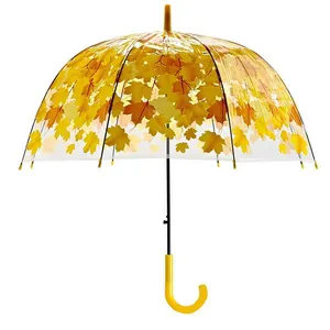Akçaağaç yaprağı bayan baskı kabarcık şeffaf POE yağmur düz şemsiye