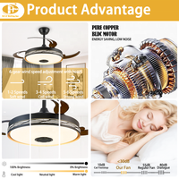 Lustre rétractable avec LED, moteur DC à intensité variable par télécommande, unité de lampe à pales cachées pour la décoration intérieure moderne des espaces de vie.