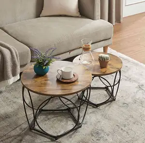Oturma odası için 2 endüstriyel stil yuvarlak sehpa seti, çelik çerçeve yuvarlak sehpa ile kafes kokteyl masası