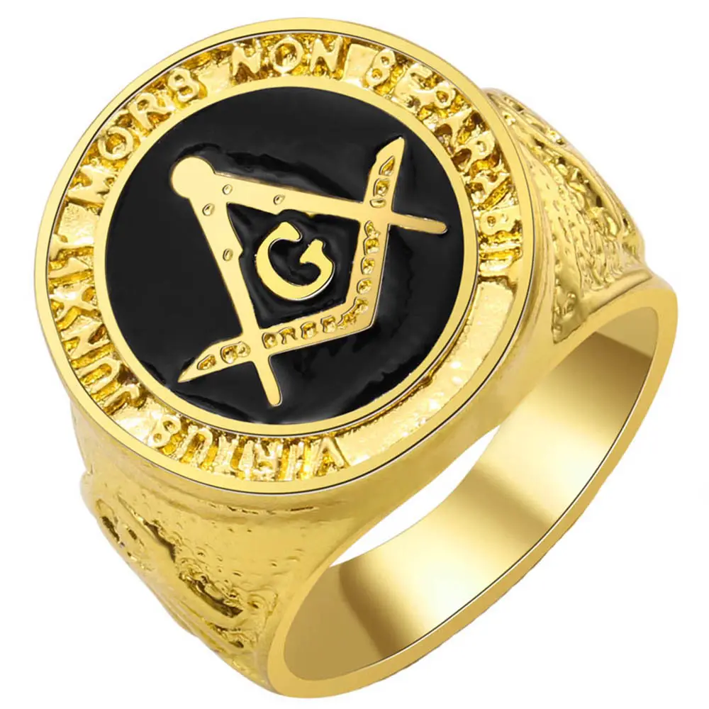 Hip Hop Gold Plated AG Rings Micro Paved Cubic Zircon Masonic Ring Charm For Men Gifts