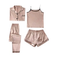 Set Piyama Sutra Satin Wanita 4Pcs Kancing Depan Set Piyama Lengan Pendek Baju Tidur Loungewear Pjs Baju Malam S-XXXL