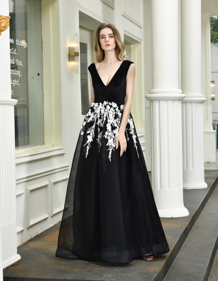 Dresses Women Lady Elegant Deep V Neck Black Evening Dress White Lace a  Line Evening Party Gown Quinceanera Dresses| Alibaba.com