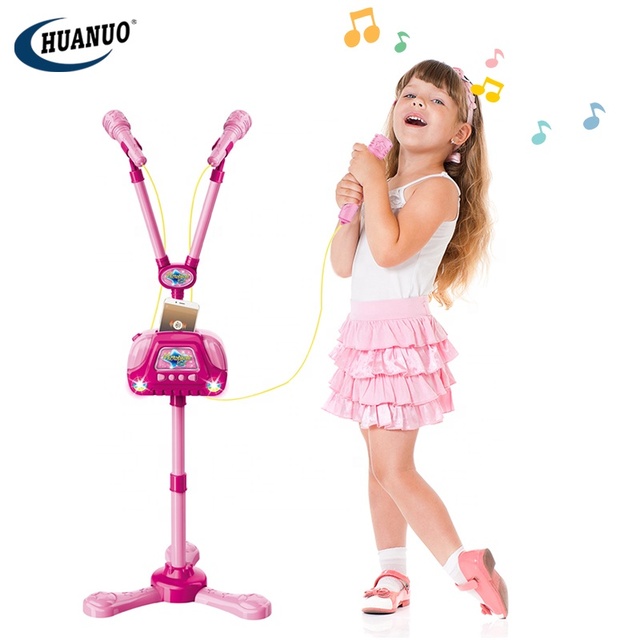 Education Bluetooth Microphone Adjustable Stand Singing Toy Game Light and Music Karaoke Machine for Kids With 2 Microphones