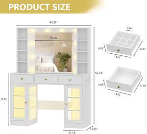 Coiffeuse de Maquillage RGB OEM/ODM Wenfeng pour Femme et Enfant, Grand Meuble de Chambre Blanc avec Plateau en Verre et Éclairage 3 Couleurs - Product Image 5