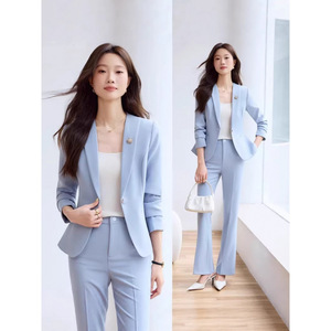 Light Blue Women's Suit Set Solid Color Polyester Worsted Casual Spring Autumn Winter Professional Host Art Exam - Product Image 1