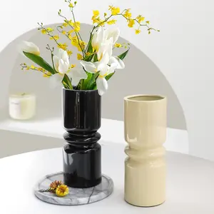 Vas bunga porselen hitam kreatif Bohemian Modern buatan tangan dekorasi rumah vas keramik putih bentuk silinder