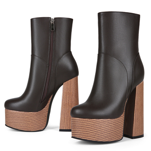 Big Size 47 Women Wooden Color Ankle <b>Boots</b> Wide Fit High Chunky Heels Platform Shoes Solid Round Toe Short Booties - Product Image 1