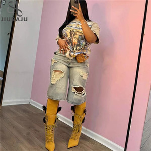 Shorts <span class=keywords><strong>de</strong></span> Pierna Recta y <span class=keywords><strong>Cintura</strong></span> <span class=keywords><strong>Alta</strong></span> para Mujer Estilo Americano <span class=keywords><strong>de</strong></span> Verano Ropa <span class=keywords><strong>de</strong></span> Calle <span class=keywords><strong>Vaqueros</strong></span> Rotos - Product Image 1
