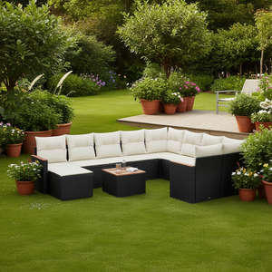 Conjunto de sofá de jardín negro y crema, muebles de exterior de ratán sintético, cojín impermeable, diseño contemporáneo - Product Image 2