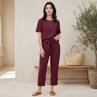 Ensemble d'été en polyester pour femmes, t-shirt à manches courtes à col rond surdimensionné et pantalon large, ensemble décontracté rétro pour femmes, 2 pièces