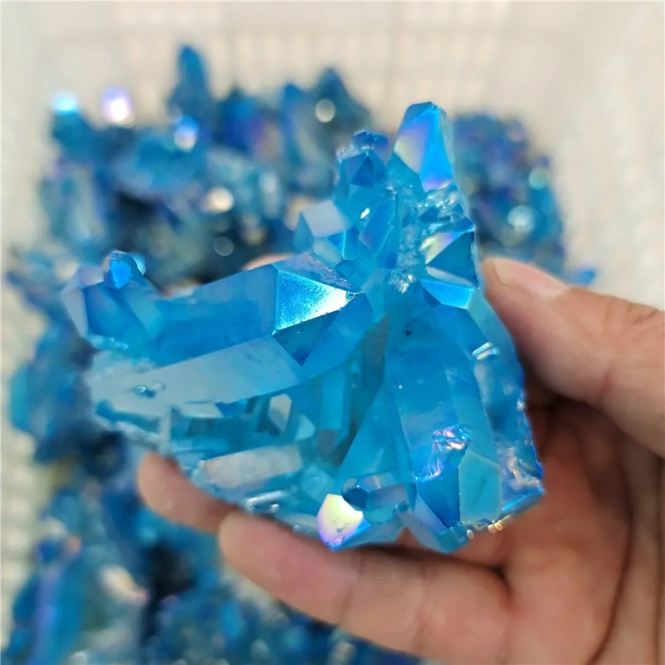 Gtk — géode de cristal bleu naturel, enduit de titane, grappe de pierre polie, spécimen d'ange aura, décoration de la maison