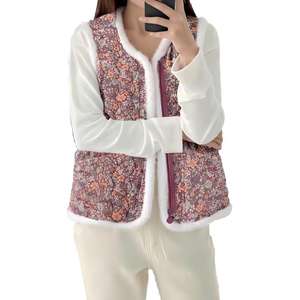 Chaleco Acolchado Floral con Ribete de Piel Blanca, Cuello en V, para Mujer de Mediana Edad, Prenda Exterior de Invierno, Elegante y Casual para Reuniones - Product Image 2
