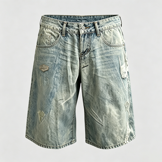 Men's Vintage Distressed Denim Shorts Heavy Wash Ripped Knee Biker Style Casual Summer Board Shorts with Patches Bulk Supply