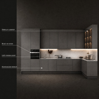 Meuble de cuisine moderne modulaire gris laqué en bois et verre avec éclairage LED intelligent, charnières à fermeture douce, robinet de salle à manger en résine résistante à l'eau