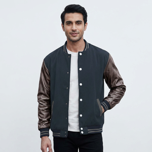 Dark Varsity Jacket Grey Sleeves <b>Men</b> Unisex Baseball Style Zipper Waterproof Knitted Custom Logo Option Casual Warm Outerwear - Product Image 1