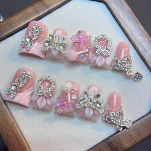 Faux <span class=keywords><strong>ongles</strong></span> à presser Holy Mother Duck Bill faits main, <span class=keywords><strong>rose</strong></span> printemps 2026, très tendance, style French, avec perles et breloques fleurs 3D - Product Image 6