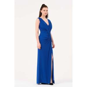 Haut décontracté élégant pour femme DANS, couleur unie bleue, coupe classique, manches standard, pour vente en gros, tailles 38-42 - Product Image 2