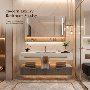 Mobile <span class=keywords><strong>Bagno</strong></span> Sospeso di Lusso Personalizzato in Legno con Lavabo Integrato in Ceramica - Product Image 2