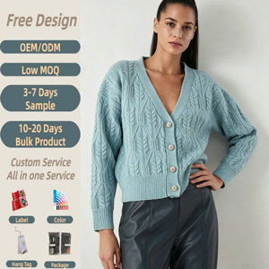 Cárdigan Corto de Punto Trenzado con Cuello en V y Botones de Flores con Pedrería para Mujer, Cárdigan de Punto Trenzado Color Beige Avena con Diseño Jacquard de Espiga de Trigo - Product Image 1