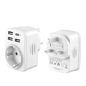 Leishen 5V/3.4A Factory Price EU to UK Plug Adapter 3 Pin to 2 Pin Travel Adapter with 3 USB A + 1 Type C for EU UK Counties