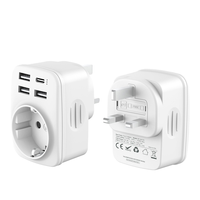 Leishen 5V/3.4A Factory Price EU to UK Plug Adapter 3 Pin to 2 Pin Travel Adapter with 3 USB a + 1 Type C for EU UK Counties