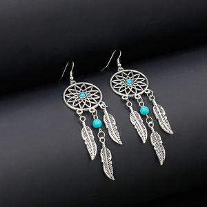 Pendientes de <span class=keywords><strong>Aro</strong></span> Plateados para Mujer Zeyu Bohemia <span class=keywords><strong>con</strong></span> Diseño de Pluma de Turquesa y Piedra Natural - Product Image 1