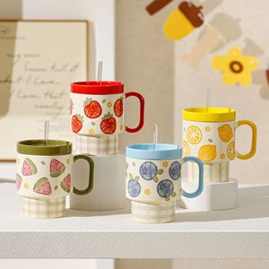 500ml Large Water Cup Cute Fruit Ceramic Mugs with Lids and Straw - Product Image 2