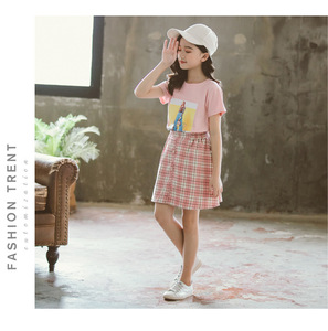 Conjunto de Ropa Infantil para Niña, Camiseta de Manga Corta con Estampado Azul y Falda Pantalón a Cuadros, Superventas en Dropshipping - Product Image 2