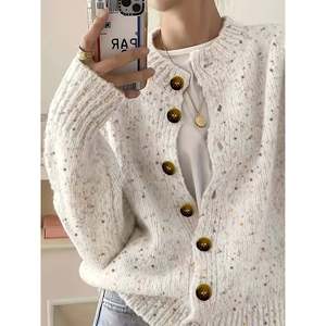 Crew Neck <b>Cardigan</b> Elfenbeinwei Metallic <b>Button</b> Women's Wear - Product Image 2